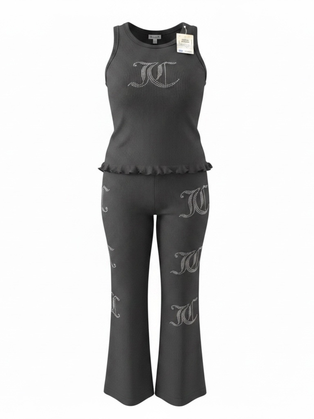 Juicy Couture Black Ribbed Track Pants & Tank Set with Rhinestone JC Logos